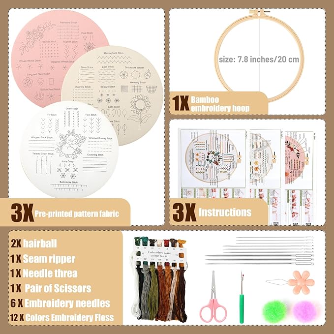 hi-yomilaugh 3 pack beginner embroidery kit & cross stitch kits for adults, needles & tools, easy needlepoint set with step-by-step instructions & video tutorial (floral garden)
