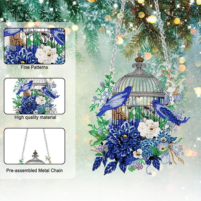 Flower Birdcage Design DIY Diamond Art Painting Wreath Kits Special Shaped Rhinestone Diamond Art Window Pendants Home Garden Wall Hanging Kits (Single Side Point Drill) (#11-Cat) (#01-Bird)