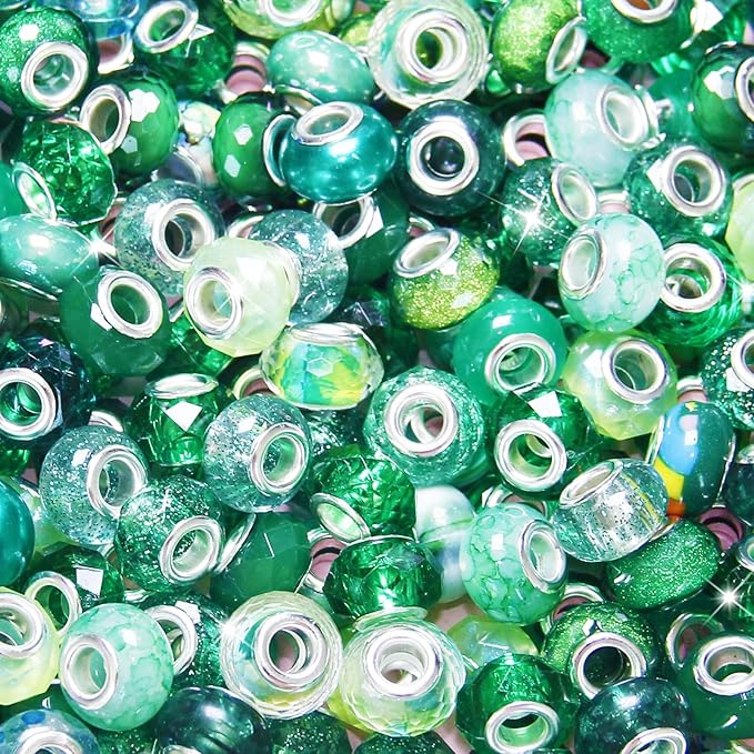 150Pcs Large Hole Beads Spacer Beads Dark Green Assorted European Craft Big Beads Large Hole Lampwork Murano Bead Fairy Wand Garden Bead for DIY Charm Bracelets Jewelry Making Decoration Supplies