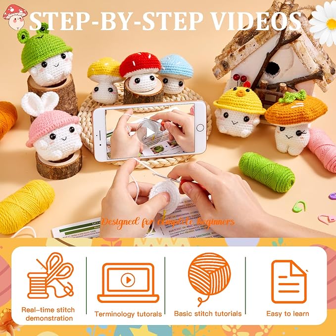 MAGIMUSE Crochet Kit for Beginners, Crochet Starter Kits for Adults Amigurumi Craft Knitting Crocheting Kits with Step-by-Step Video Tutorials, Mushroom Family(40%+ Yarn