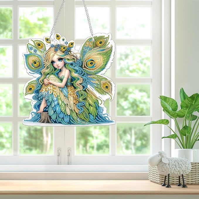 Bowetile Fairy Diamond Art Hanging Kits for Adults, 5D Special Shape Diamond Painting Peacock Pendant Kits, Animal Gem Art Suncatchers Painting Ornament for Home Garden Wall Decor