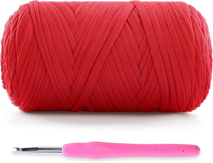 Soft T-Shirt Yarn for Crochet, T Shirt Yarns for Crocheting Crafts, Bags, Basket, Coaster, Tshirt Yarns - 400 g/130 yds with 1 Crochet Hook (1, Red)