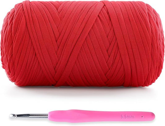 Soft T-Shirt Yarn for Crochet, T Shirt Yarns for Crocheting Crafts, Bags, Basket, Coaster, Tshirt Yarns - 400 g/130 yds with 1 Crochet Hook (1, Red)