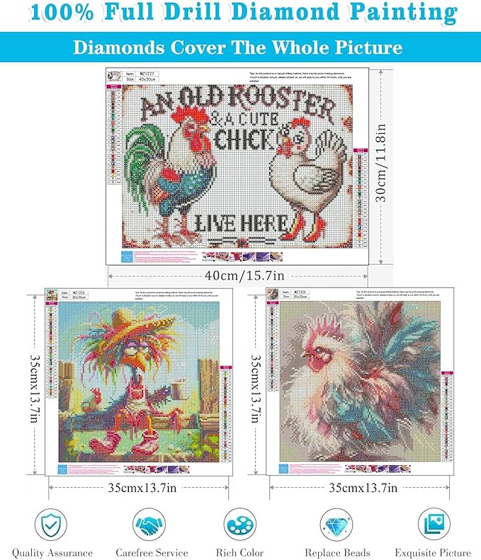 Meothan 3 Pack Diamond Art Kits for Adults, Chicken Diamond Painting Kits for Adults, 5D DIY Round Drill Gem Art Paint with Diamonds Dots Crafts Kits for Home Decor Gift 12x16in and 14x14in