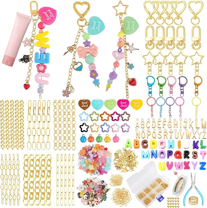 Ecoofor 502 Pcs Keychain Making Kit - Includes 25 Keychain Clips, 30 Extender Chains, 162 Charms, Beading Accessories, Jewelry Pliers - DIY Bag Charms & Jewelry Craft Kit Supplies