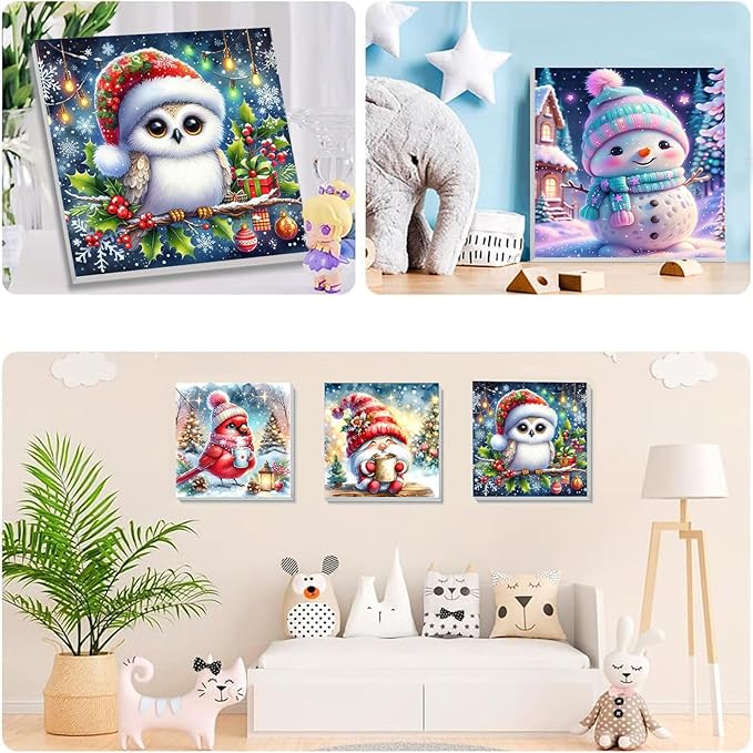 4 Pack Christmas Paint by Number for Kids with Wooden Frame, Paint by Numbers for Kids Xmas Ages 4-8-12, Easy Cardinal Gnome Snowmen Owl DIY Acrylic Oil Painting Kits for Home Wall Decor (8X8 inch)