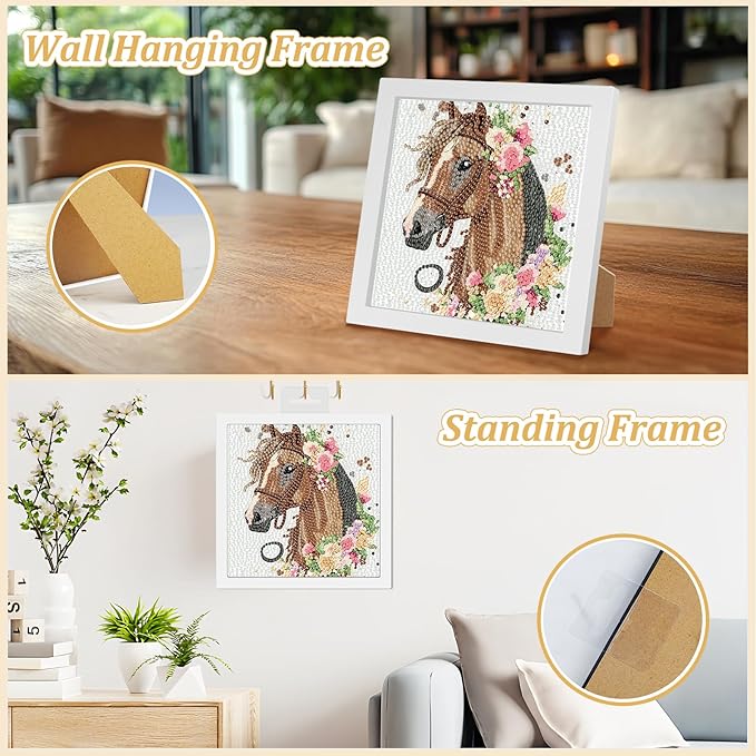 SENQAO Horse Diamond Art Kit for Adults with Frame Art and Crafts for Adults Ages 4-6-8-12 Easy to DIY Diamond Art for Adults and Adult Beginners Home Wall Decoration 7.1x7.1inch