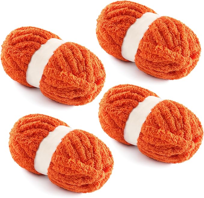 4 Pack Chunky Yarn for Hand Knitting - Chunky Chenille Blanket Yarn for Crocheting - Jumbo Fluffy Yarn for Crochet - Super Bulky Yarn 25 yds 7.7 oz Each Skein (Orange Red)