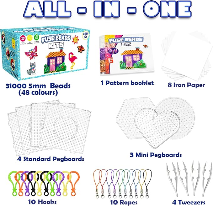 FUNZBO 31000 5mm Fuse Beads Kit - 48 Colors, Easter Homeschool Arts and Crafts Supplies for Kids, Toys Set, Art Decorations for Room, Birthday Toys Gifts for Girls and Boys Age 5+
