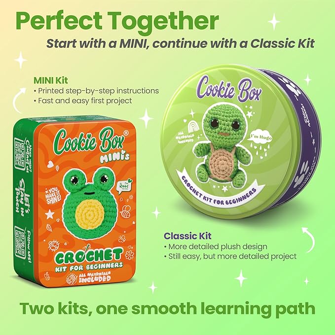 Cookie Box MINIs Crochet Kit for Beginners – Gift Set to Make Frog Ribbit Amigurumi Plushie – Easy DIY Crochet & Knitting Starter Kit with Printed Instructions & Step-by-Step Video Tutorial