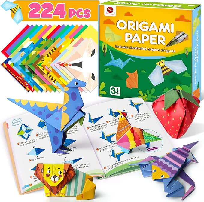 Mocoosy 224 Sheets Origami Paper Kit for Kids Ages 5-8 8-12, Folding Paper Set with Origami Book, Art Craft Supplies Boys Girls 9-12, Travel Game Car Road Trip Activities Easter Basket Stuffer Gifts