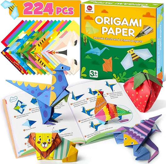 Mocoosy 224 Sheets Origami Paper Kit for Kids Ages 5-8 8-12, Folding Paper Set with Origami Book, Art Craft Supplies Boys Girls 9-12, Travel Game Car Road Trip Activities Easter Basket Stuffer Gifts