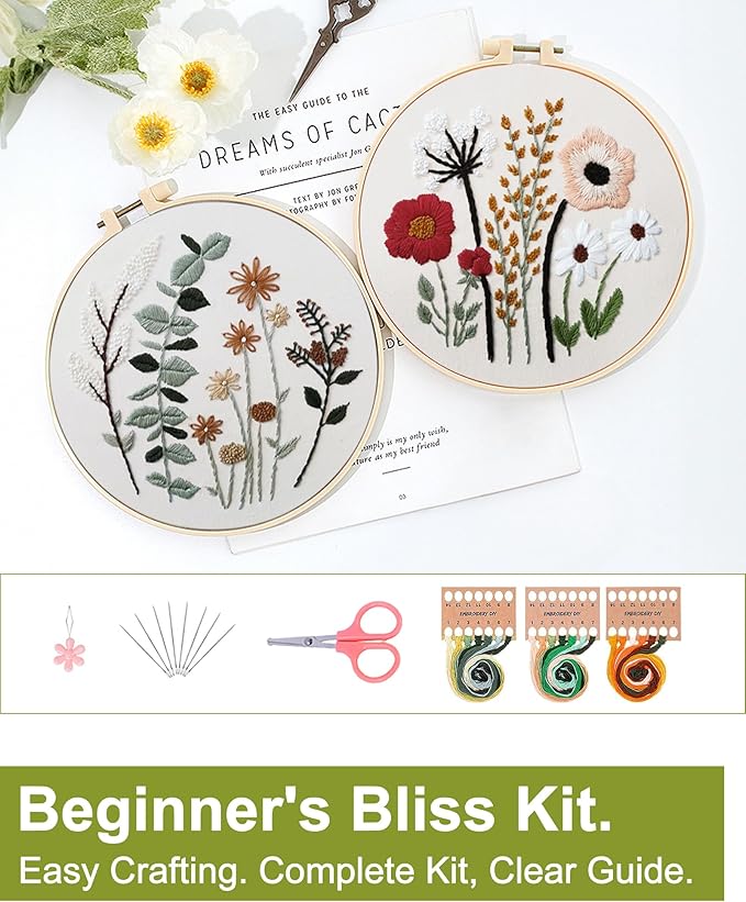 Santune 3 Sets Embroidery Kit,Cross Stitch Kits for Beginners,Needlepoint Kits for Adults with Easy Floral Pattern Hand Crafts,Hoop,Needle,Mothers Day Gifts