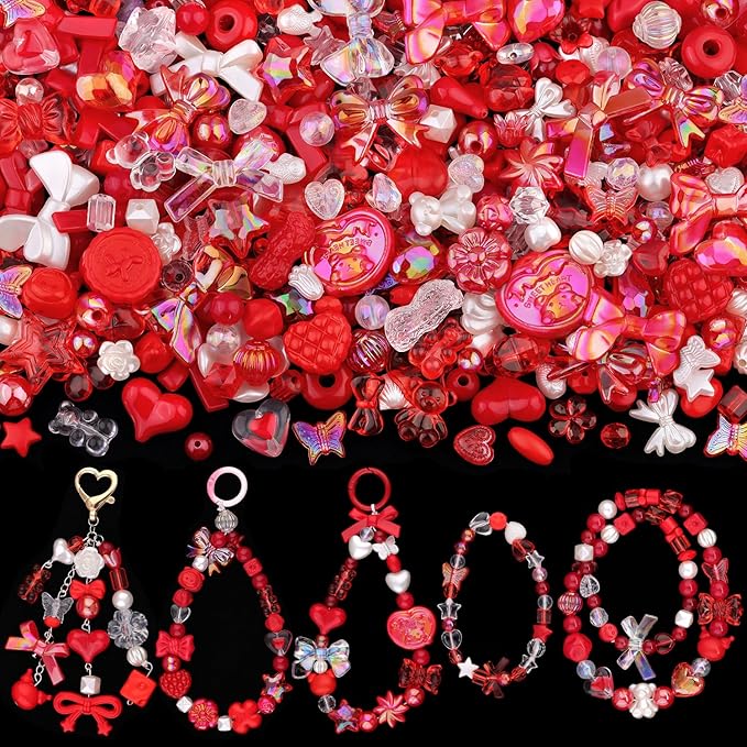 200-260pcs tinkrstuff assorted acrylic beads red cute beads for bracelet making, bow aesthetic gummybear flower candy butterfly kawaii charms for jewelry making diy necklace keychain phone charm