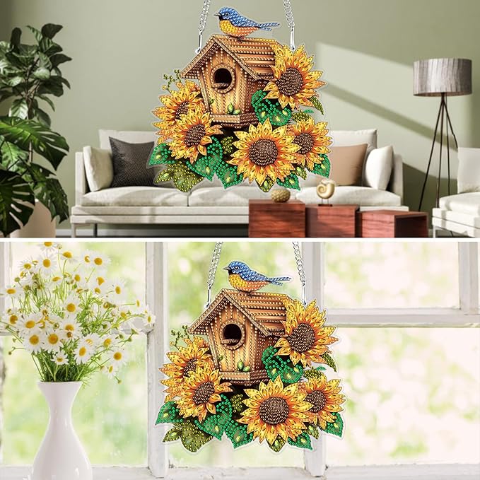 MXJSUA Birdhouse Sunflowers Special Shaped Hanging Diamond Painting Art Kits for Adults, Crystal Rhinestone Acrylic Gem Art Pendant Ornaments Kit for Home Decoration and Gift