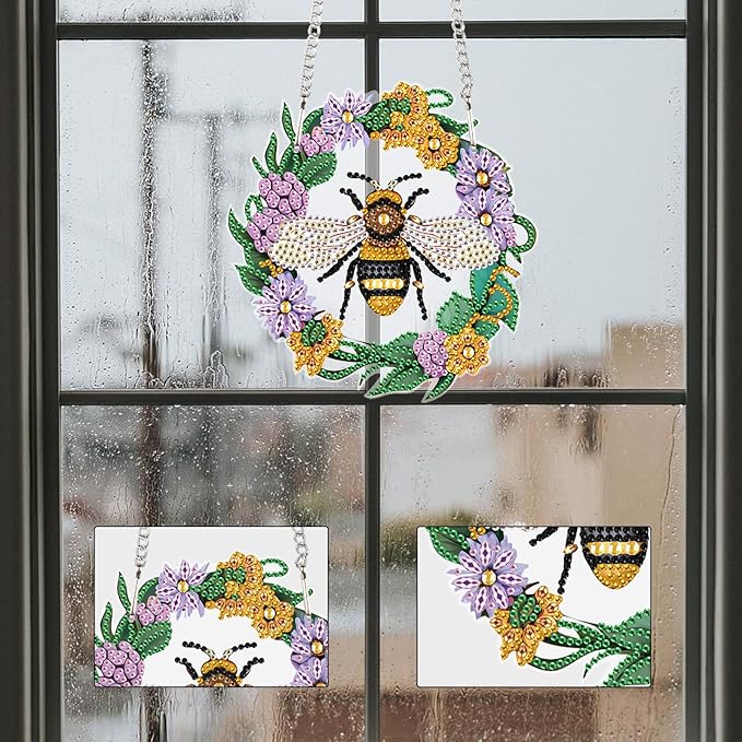 AiYuanzsh Honeybee DIY Acrylic Diamond Art Painting Pendant Kits Bee Special Shaped Rhinestone Round Diamond Art Window Pendants Home Garden Wall Door Birthday Xmas Festival Gifts