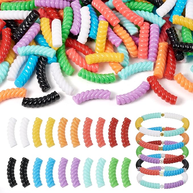 Crafans 100Pcs 12mm Acrylic Tube Beads 10 Colors Twist Long Noodle Curved Tube Beads for Crafts DIY Bamboo Bangles Bracelet Jewelry Making Supplies