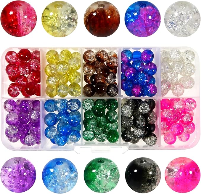 TOAOB 200pcs 8mm Mixed Crackle Glass Beads Kit Lampwork 10 Colors Glass Beads Round Loose Spacer Beads Craft Supplies for Bracelets Jewelry Making Accessories and DIY Crafts