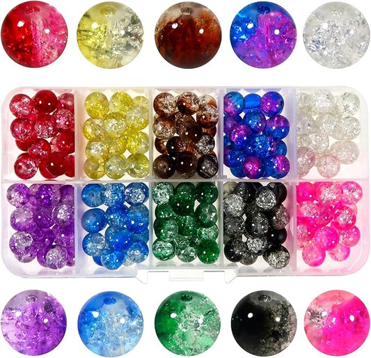 TOAOB 200pcs 8mm Mixed Crackle Glass Beads Kit Lampwork 10 Colors Glass Beads Round Loose Spacer Beads Craft Supplies for Bracelets Jewelry Making Accessories and DIY Crafts