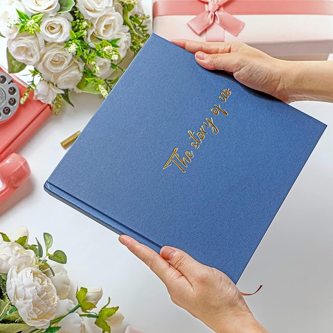 Colarr Hardcover Couples Scrapbook 144 Pages 8.7 x 8.7" Valentine Couples Photo Album Scrapbook Journal for 1 Year Wedding Memory Anniversary Photo Book Gift with 2 Markers(Navy Blue,the Story of Us)