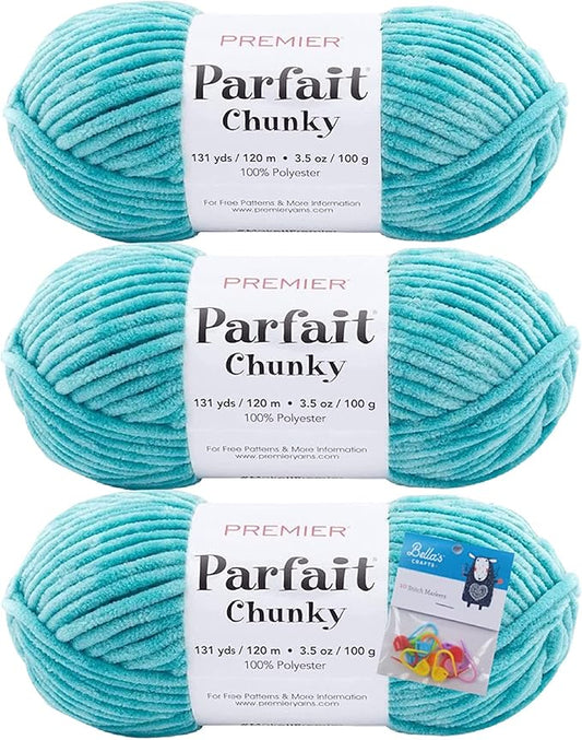 Premier Yarns Parfait Chunky Chenille Yarn 3.5 Oz 6 Super Bulky Weight 3 Pack Bundle with Bella's Stitch Place Holders (Lagoon)