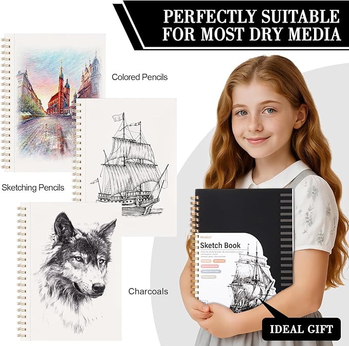 Sketch Book with 12 Color Pencil Set, 90 Sheets Spiral Sketchbook for Drawing (68lb/100gsm), Acid-Free Sketch Pad, Art Paper Drawing Supplies for Artist Gifts Christmas(9×12 inch)