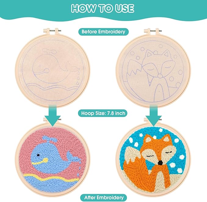 Zuaooz 3 Sets Punch Needle Kits,Whale Fox and Snow Punch Embroidery Kits for Adults Beginner, Tool with Punch Needle Fabric, Hoops, Yarns and Sewing Needles