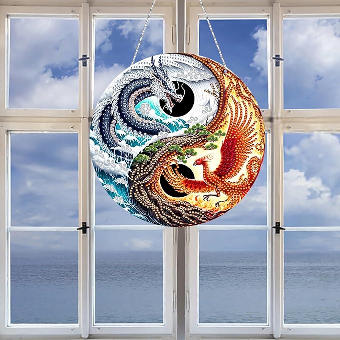 Generic DIY Hanging Diamond Pendant Special Shaped Crystal Diamond Art Painting Ornament Single Sided for Window Home Garden Wall Door Decor-Dragon & Phoenix