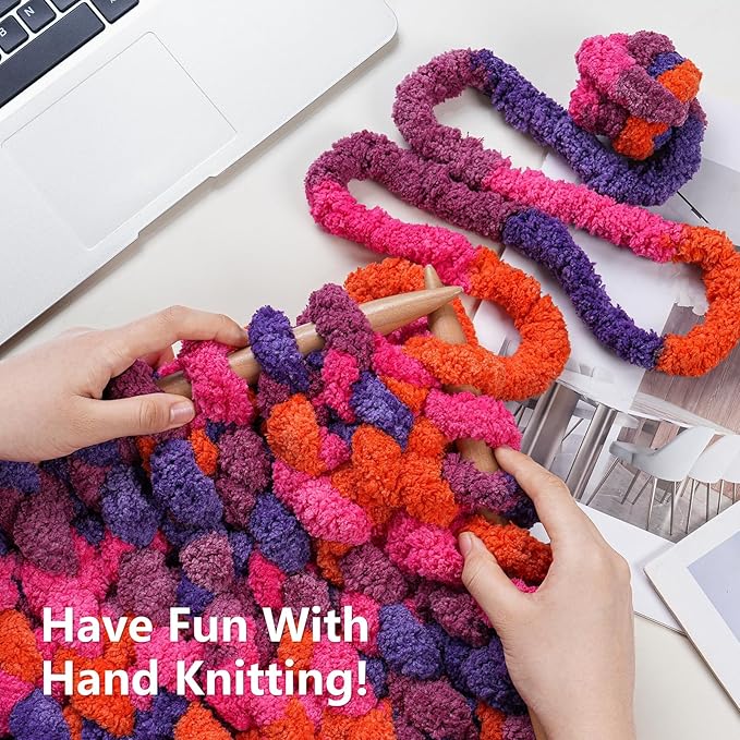 Chunky Yarn for Hand Knitting - #10 Chunky Chenille Blanket Yarn, Jumbo Big Thick Chunky Yarns for Crocheting, Tie Dye Bulky Knit Yarns, 8 Skein (25 yds 8 oz Each Skein), Orange&Rose&Purple