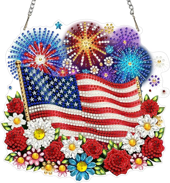 CEOVR American Flag Hanging Diamond Art for Adults, Independence Day Diamond Painting Pendant DIY Gem Art Wall Ornament, Acrylic Home Garden Decor with Chain, Box Kit 7.87×7.67 inch