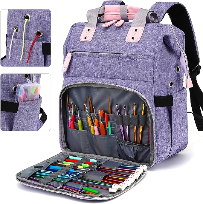 LTINVECK Crochet Backpack,Knitting Bag Backpack Yarn Storage Organizer Travel Crochet Bag,Large Yarn Tote Bag Yarn Holder Case for Knitting Needles,Crochet Hooks,Crochet Accessories