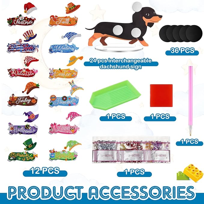 Menkxi 24 Pcs Dachshund Diamond Art Magnets Kit, Interchangeable Weenie Dog DIY Craft for Easter, Seasonal Home Table Decor Gifts