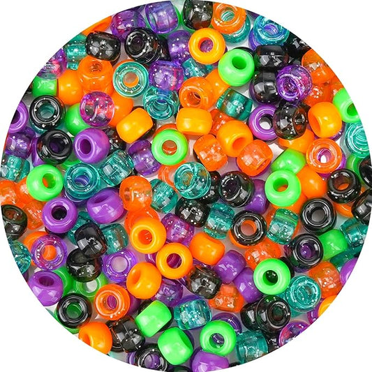 1000Pcs Halloween Pony Beads Bulk – 6x9mm Kandi Beads in Orange, Black, Purple, Green for Bracelets, Hair Braids, Jewelry Making, DIY Crafts, Party Supplies