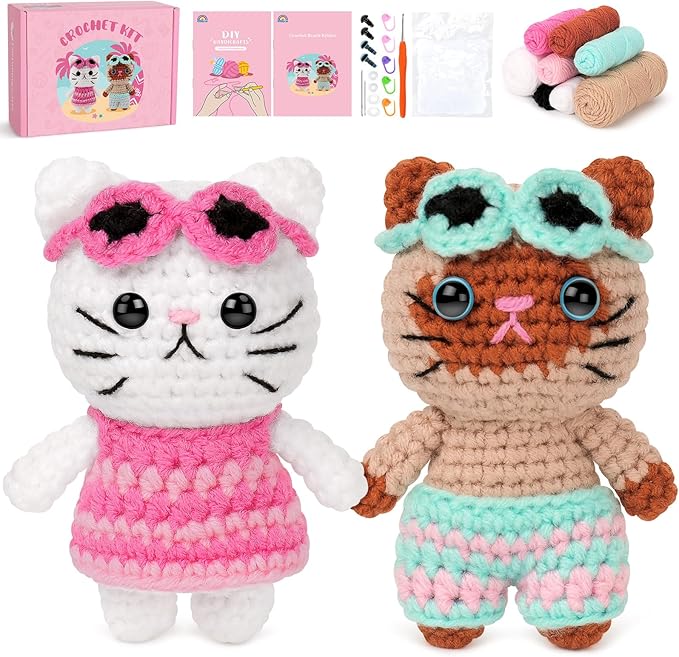 Fortuning's JDS Crochet Kit for Beginners, Couple Cat Crochet Kit for Beginners Adults Kids, Crochet Cat Kit with Step-by-Step Video Tutorials, Creative Handmade Crochet Gifts for Cat Lovers