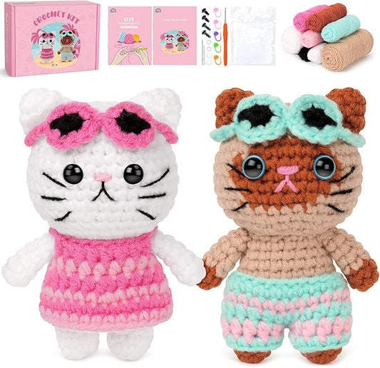 Fortuning's JDS Crochet Kit for Beginners, Couple Cat Crochet Kit for Beginners Adults Kids, Crochet Cat Kit with Step-by-Step Video Tutorials, Creative Handmade Crochet Gifts for Cat Lovers