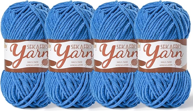 4 Pack Fluffy Velvet Yarn for Crocheting，Baby Blanket Yarn for Crocheting Soft，200g(262.4yds) Amigurumi Yarns，Plush Chenille Crochet Yarns，Puzzle Yarn for Crochet Weaving Craft(4 Blue)
