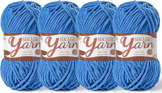 4 Pack Fluffy Velvet Yarn for Crocheting，Baby Blanket Yarn for Crocheting Soft，200g(262.4yds) Amigurumi Yarns，Plush Chenille Crochet Yarns，Puzzle Yarn for Crochet Weaving Craft(4 Blue)