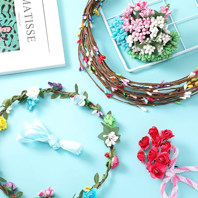 Syhood 20 Sets Flower Crowns Making Kit, Make Your Own Flower Crown Wreath Headbands and Bracelets Craft Kit Hair Accessories Handmade DIY Floral Garland Presents for Adults Women