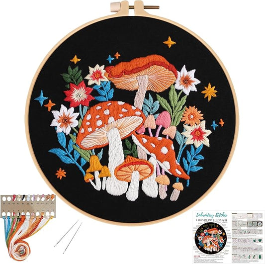 Louise Maelys Mushroom Embroidery Kits for Beginners with Art Night Pattern,Adults Starter Cross Stitch Kit DIY Needlepoint