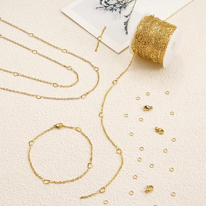 YOUBEIYEE 16.4 Feet Gold Plated Chain for Jewelry Making Stainless Steel Heart Chains Bulk for Women Necklace DIY with Jewelry Accessories