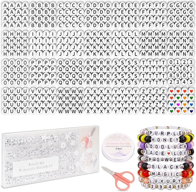 1400 Pcs Letter Beads Kit, 28 Styles White Acrylic Alphabet Beads Letter Beads for Jewelry Making wiht Number Beads Heart Beads Friendship Bracelet Kit