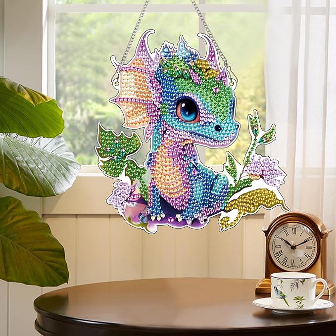 AiYuanzsh 5D DIY Diamond Art Hanging Pendant Kit, Dragon Acrylic Diamond Painting Ornament, Special Shaped Diamond Art Mosaic Suncatcher for Window and Home Decor
