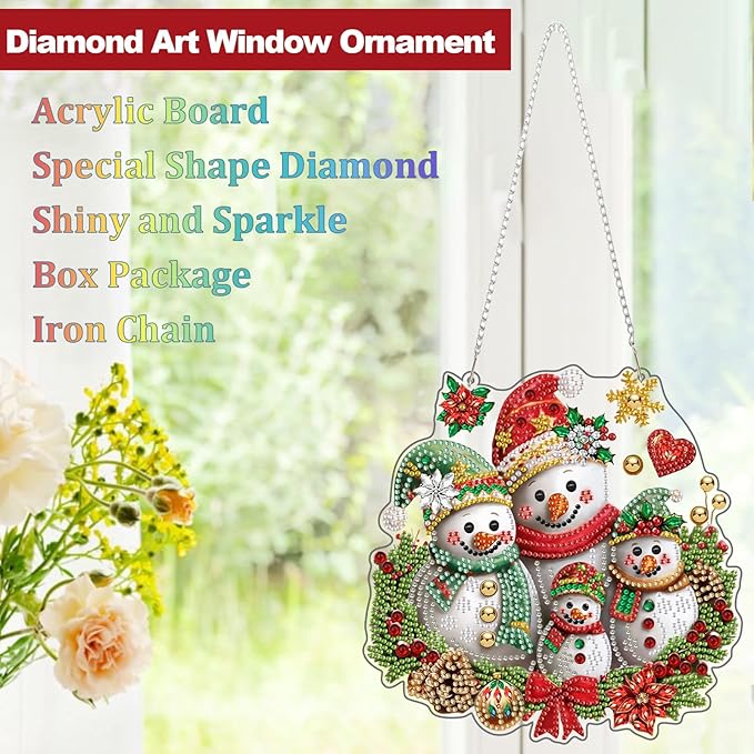 CEOVR Christmas Hanging Diamond Painting, Snowman Special Shape Diamond Art, Christmas Winter DIY Gem Art Craft for Adults, Acrylic Home Garden Decor with Chain, Box Kit 7.79x7.79In