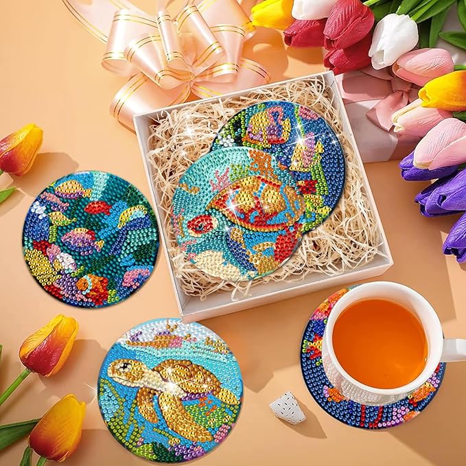 EWJRNSF 8 PCS Small Diamond Art Coasters Kits, Diamond Painting Coasters, Fall Diamond Art Kits for Adults Beginners, Arts and Crafts Item Sets with Holder for Drinks Ocean Style