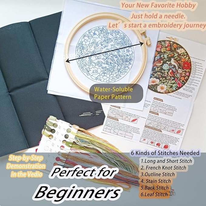 fonnuy embroidery kit for beginners, birds with flowers pre-stamped pattern kits for adults with hoop, easy to follow color thread needlework, 8'' hoop (blue)
