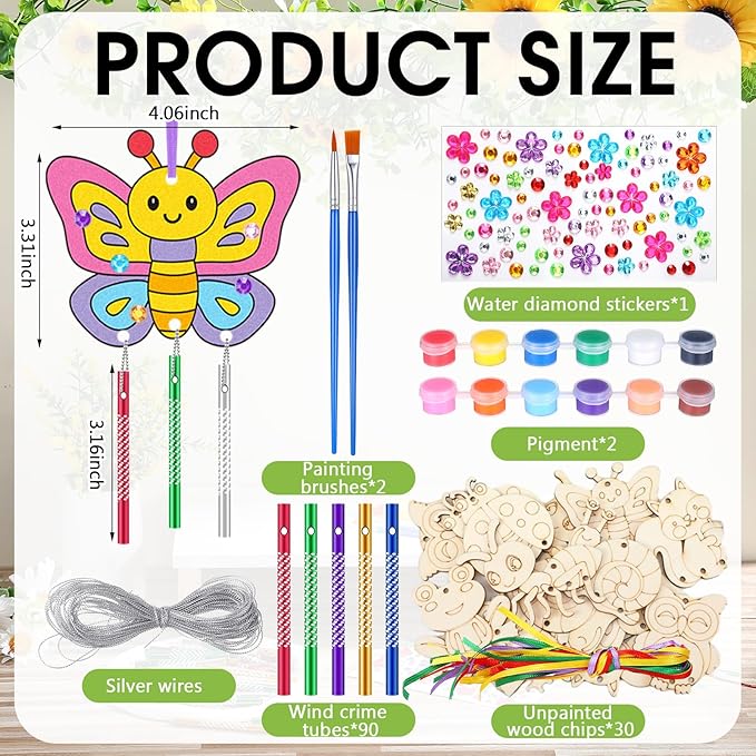 JellyArch 30 Pcs Spring Wind Chime Making Kit, DIY Wooden Spring Insect Craft Wind Chimes with Paint & Stickers, Craft Activity Creative for Church Party Windows Decoration