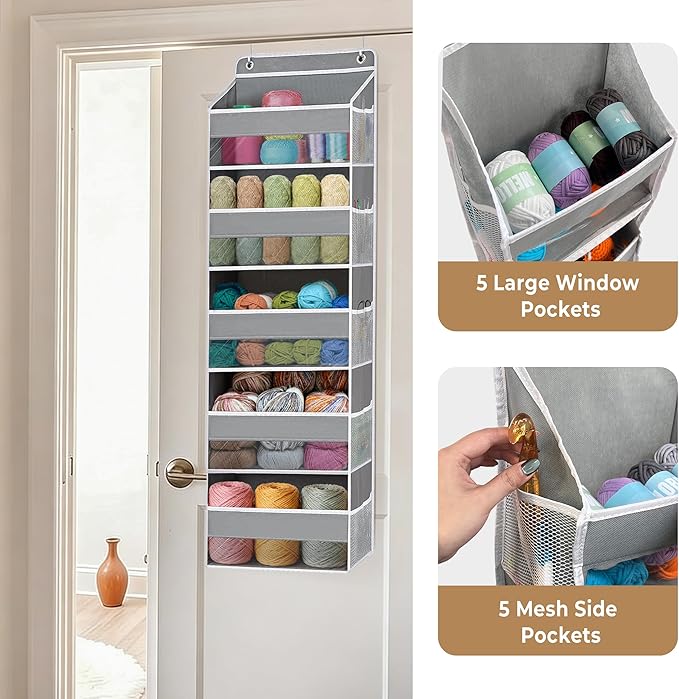 Hanging Yarn Storage Organizer, Large Capacity Knitting Organizer Storage & 5 Mesh Side Pockets, Over the Door Organizer for Crochet Accessories & Knitting Supplies,Gray