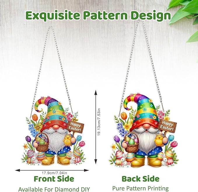 MEIYUDA Easter Gnomes Diamond Art Hanging Kits for Adult, Happy Easter Diamond Painting Hanging Kits Ornaments, DIY Special Shaped Rhinestone Window Pendants kit for Home Garden Wall Decor Gift