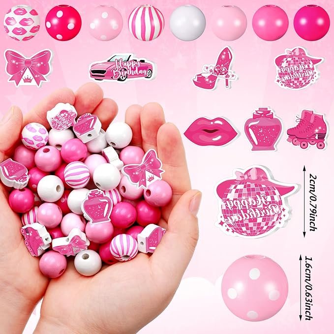 Waydress 200 Pcs Pink Wooden Beads for Crafts 16mm Large Printed Wood Beads Bulk with Bows Disco Ball Charms for Hair Keychain Making Bachelorette Party Birthday Decor Pen DIY Garland