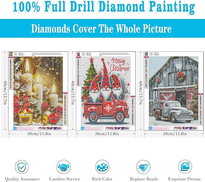 Meothan Christmas Diamond Art Kits for Adults - 3 Pack Diamond Painting Kits for Adults, 5D Round Full Drill Gem Art Paint by Diamonds Dots DIY Crafts Kits 12x16inch (Candle Gnomes and Truck)